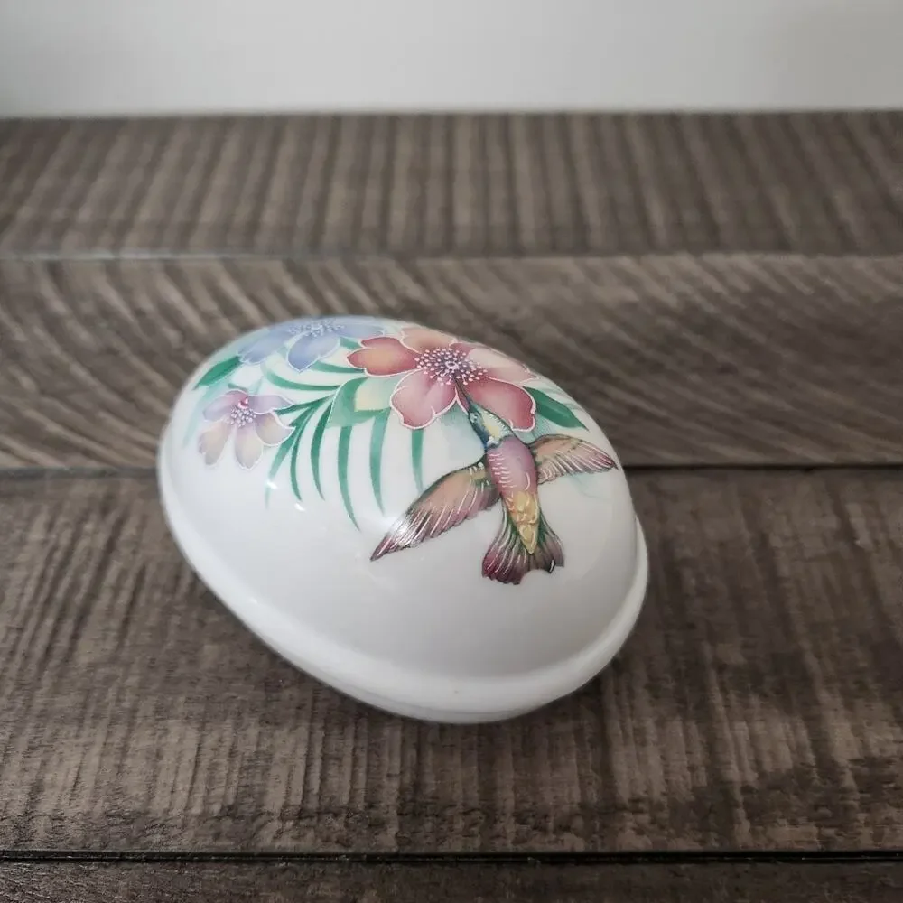 Baranyk Design Egg Shaped Ceramic Trinket Jewelry box Hummingbird Flowers